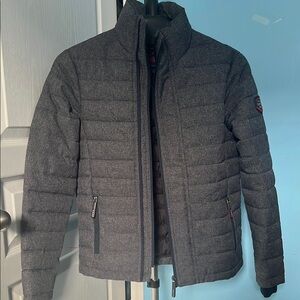 Dark Gray Puffer Jacket with High Collar and Slim Fit